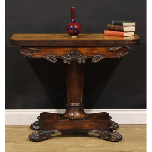 1623 - A William IV rosewood card table, hinged top enclosing a baize lined playing surface, tapered pillar... 