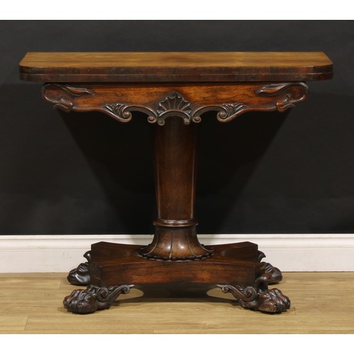 1623 - A William IV rosewood card table, hinged top enclosing a baize lined playing surface, tapered pillar... 