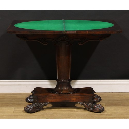 1623 - A William IV rosewood card table, hinged top enclosing a baize lined playing surface, tapered pillar... 