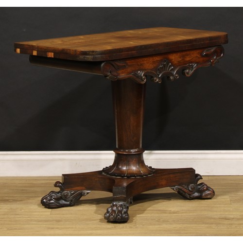 1623 - A William IV rosewood card table, hinged top enclosing a baize lined playing surface, tapered pillar... 