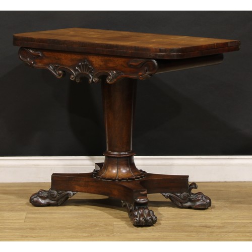 1623 - A William IV rosewood card table, hinged top enclosing a baize lined playing surface, tapered pillar... 