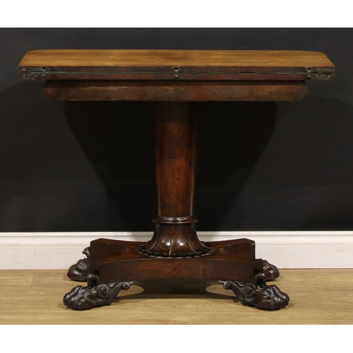 1623 - A William IV rosewood card table, hinged top enclosing a baize lined playing surface, tapered pillar... 