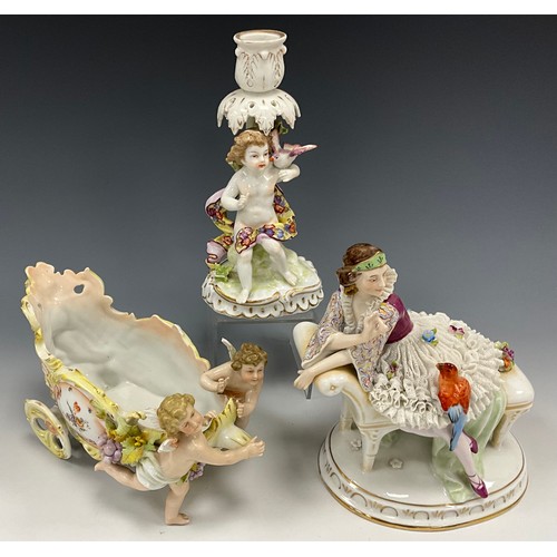 1353 - Continental E.A. Müller Porcelain figure of sitting lady with parakeet, Germany, 20cm high, a early ... 