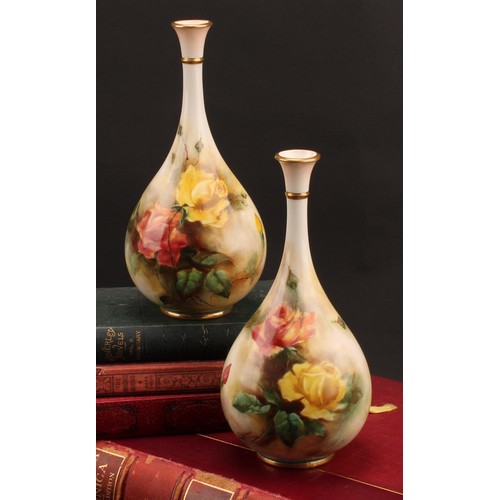 1320 - A pair of Hadleys Worcester baluster bud vases, painted with yellow and pink Roses, F105/10, 20.5cm ... 