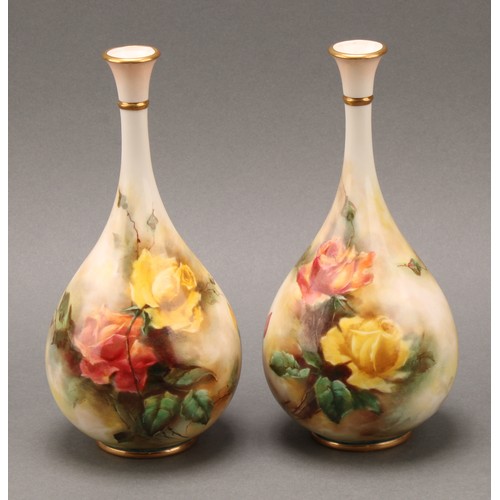 1320 - A pair of Hadleys Worcester baluster bud vases, painted with yellow and pink Roses, F105/10, 20.5cm ... 