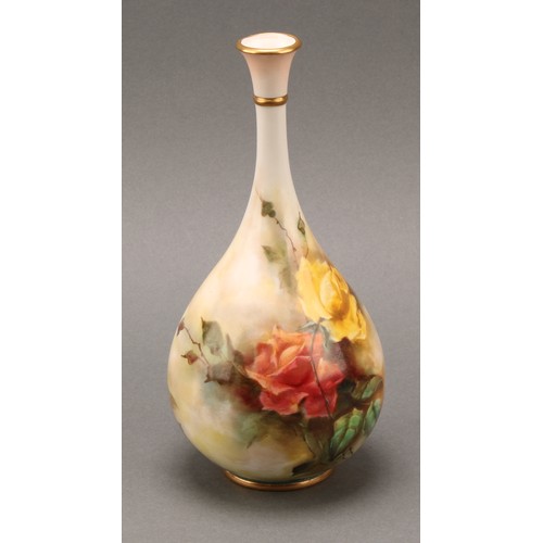 1320 - A pair of Hadleys Worcester baluster bud vases, painted with yellow and pink Roses, F105/10, 20.5cm ... 