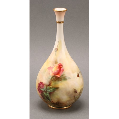 1320 - A pair of Hadleys Worcester baluster bud vases, painted with yellow and pink Roses, F105/10, 20.5cm ... 