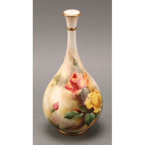 1320 - A pair of Hadleys Worcester baluster bud vases, painted with yellow and pink Roses, F105/10, 20.5cm ... 