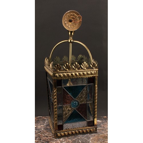 1564 - Lighting - a brass and stained leaded glass hall lantern, four panels, fitted for electricity, 49cm ... 