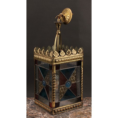 1564 - Lighting - a brass and stained leaded glass hall lantern, four panels, fitted for electricity, 49cm ... 