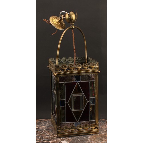 1635 - Lighting - a brass and stained leaded glass hall lantern, four panels, fitted for electricity, 49cm ... 