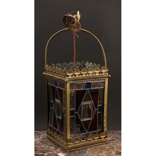 1635 - Lighting - a brass and stained leaded glass hall lantern, four panels, fitted for electricity, 49cm ... 