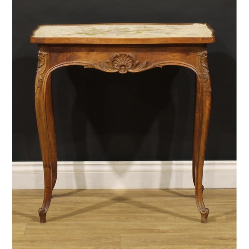 1536 - A French walnut serpentine centre table, oversailing top with shallow gallery and needlework plateau... 