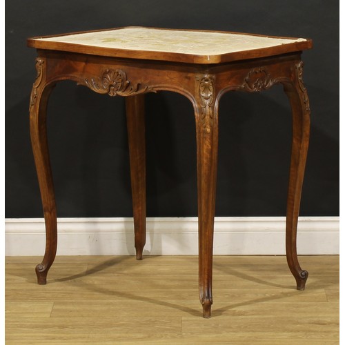 1536 - A French walnut serpentine centre table, oversailing top with shallow gallery and needlework plateau... 