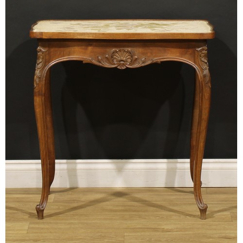 1536 - A French walnut serpentine centre table, oversailing top with shallow gallery and needlework plateau... 