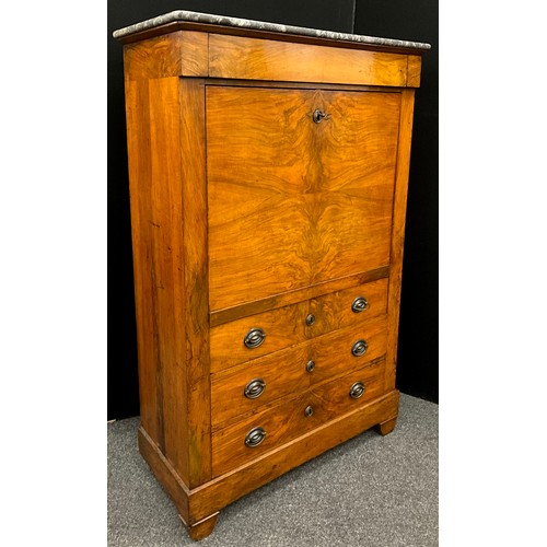 1792 - A walnut Secretaire á Abbatant, the rounded rectangular fossil marble top, above a fall door, enclos... 