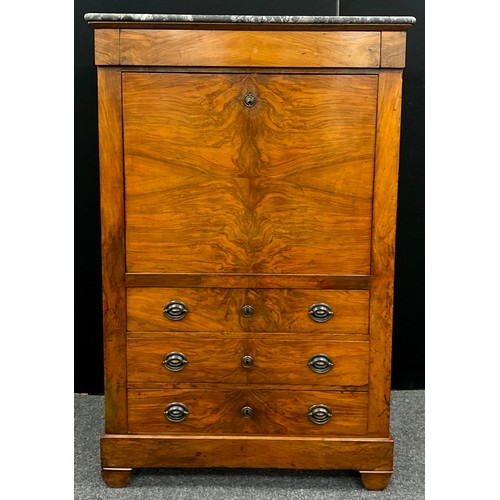 1792 - A walnut Secretaire á Abbatant, the rounded rectangular fossil marble top, above a fall door, enclos... 