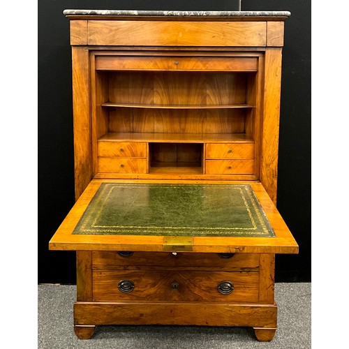 1792 - A walnut Secretaire á Abbatant, the rounded rectangular fossil marble top, above a fall door, enclos... 