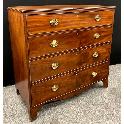 1598 - A George III mahogany chest of drawers, mahogany cross-banded top, four graduated long drawers, brac... 