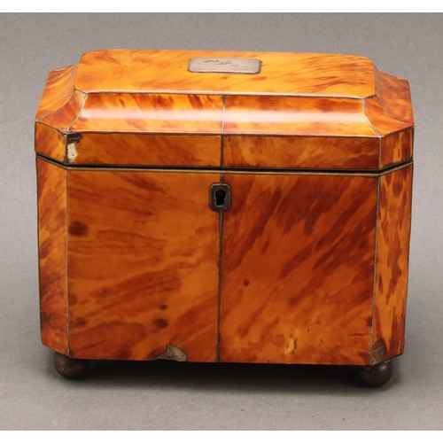 1654 - A George III tortoiseshell tea caddy, canted rectangular form, silver wire detailing, twin lidded co... 