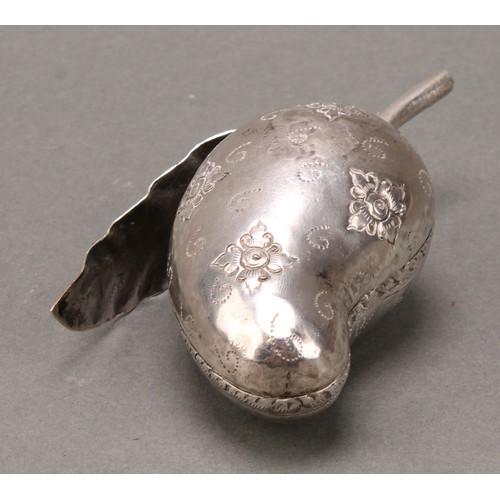 210 - A Cambodian silver coloured metal betel box, as a ripe nut, chased with flowerheads, 10.5cm wide, un... 