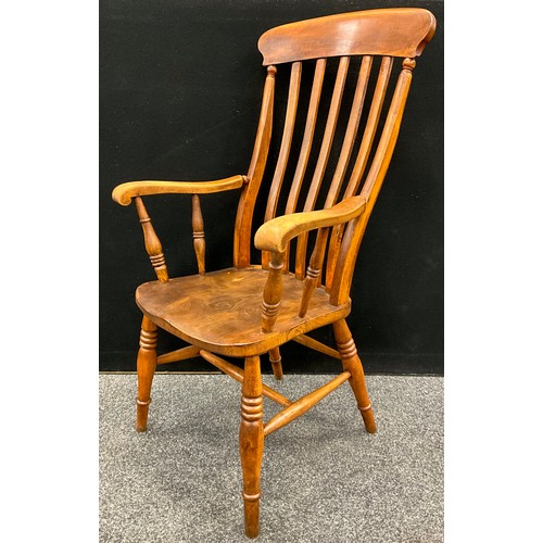 1588 - A 19th century elm and beech lath-back armchair, 114.5cm high, 61cm wide