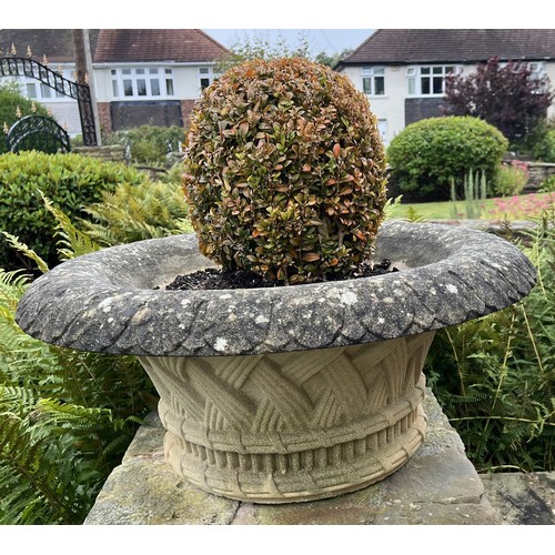 1993 - A pair of Haddonstone type everted ‘basket weave’ garden vases, 75cm diameter, 35cm high ***Please n... 