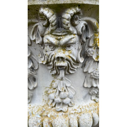 1987 - A Haddonstone type half fluted campagna shaped Italianate garden vase and pedestal, cast with masks ... 