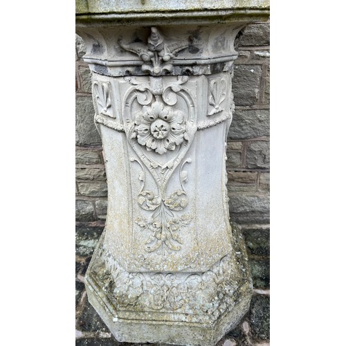 1987 - A Haddonstone type half fluted campagna shaped Italianate garden vase and pedestal, cast with masks ... 