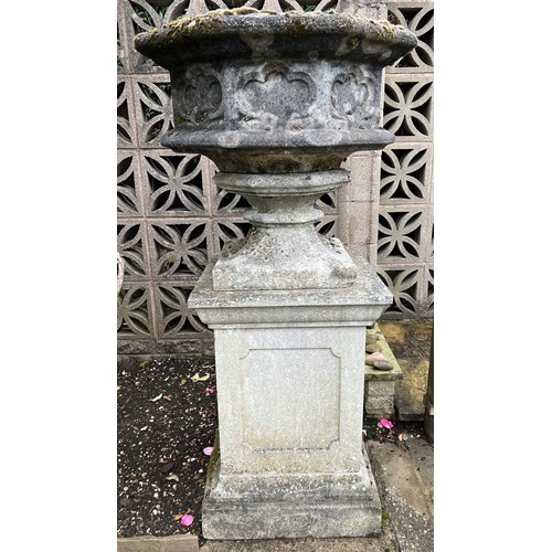 1986 - A Haddonstone hexagonal gothic planter, moulded edge, stepped socle, tall square pedestal base, the ... 