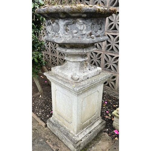 1986 - A Haddonstone hexagonal gothic planter, moulded edge, stepped socle, tall square pedestal base, the ... 