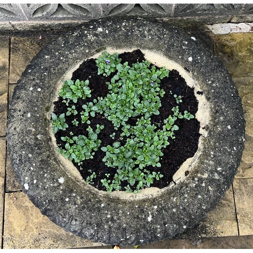 1994 - A pair of Haddonstone type everted basked weave garden urns, leaf moulded rim, 78cm in diameter, 34c... 