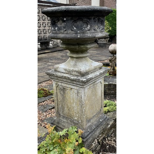 1985 - A Haddonstone hexagonal gothic planter, moulded edge, stepped socle, tall square pedestal base, the ... 