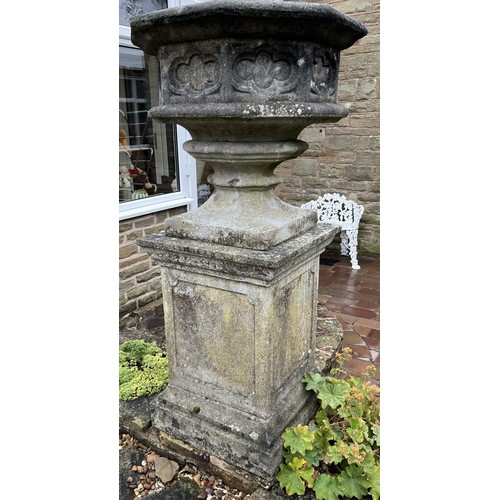 1985 - A Haddonstone hexagonal gothic planter, moulded edge, stepped socle, tall square pedestal base, the ... 