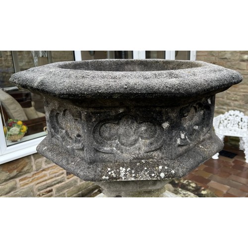 1985 - A Haddonstone hexagonal gothic planter, moulded edge, stepped socle, tall square pedestal base, the ... 