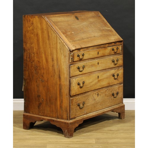 1730 - A George III elm bureau, fall front enclosing a fitted interior, above four long graduated drawers, ... 