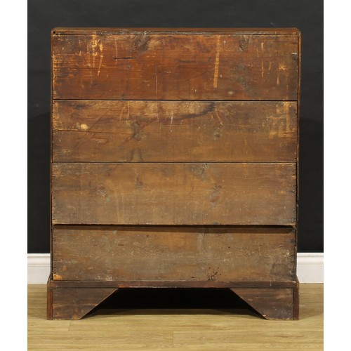 1730 - A George III elm bureau, fall front enclosing a fitted interior, above four long graduated drawers, ... 