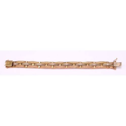 682 - An 18ct gold three colour articulated woven link bracelet, stamped 750, import marks, Birmingham 198... 