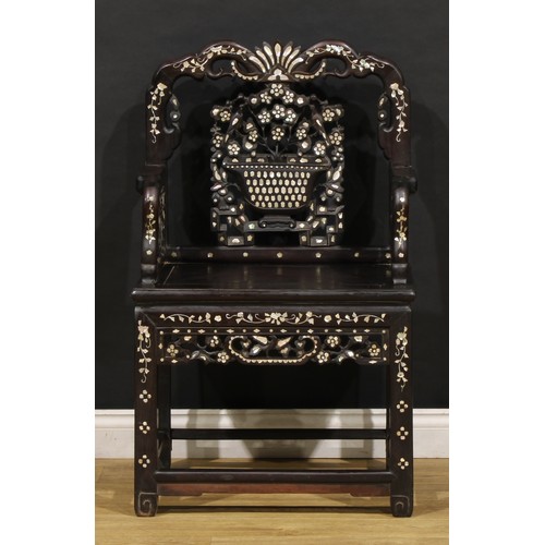 1791 - A Vietnamese/Chinese hardwood and mother of pearl marquetry armchair, panel seat, 103cm high, 62cm w... 