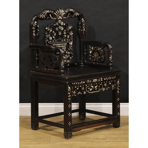 1791 - A Vietnamese/Chinese hardwood and mother of pearl marquetry armchair, panel seat, 103cm high, 62cm w... 