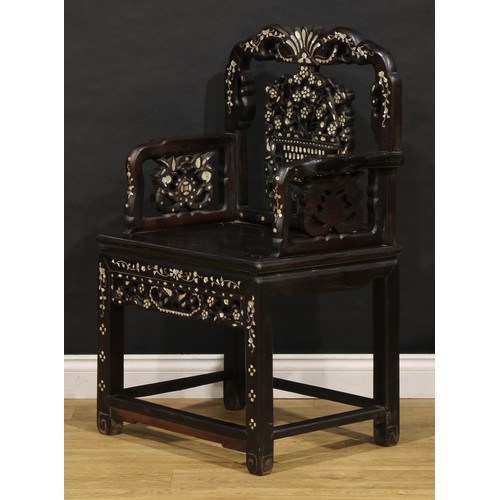 1791 - A Vietnamese/Chinese hardwood and mother of pearl marquetry armchair, panel seat, 103cm high, 62cm w... 