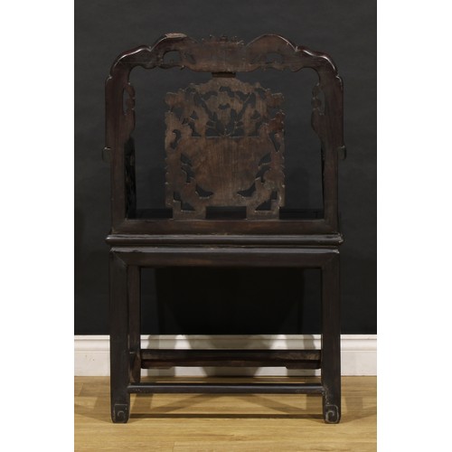 1791 - A Vietnamese/Chinese hardwood and mother of pearl marquetry armchair, panel seat, 103cm high, 62cm w... 