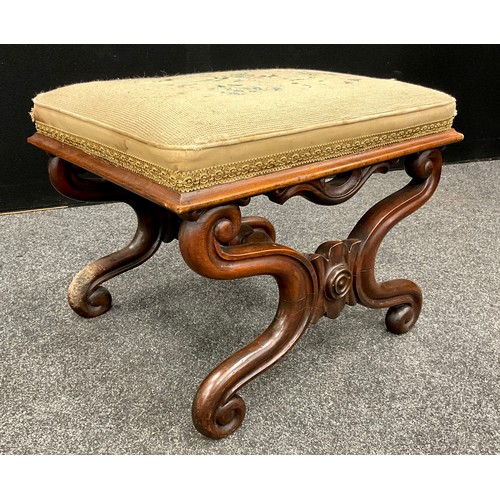 1794 - A William IV carved walnut X-frame stool, tapestry upholstered top, carved scrolling x-frame base, w... 