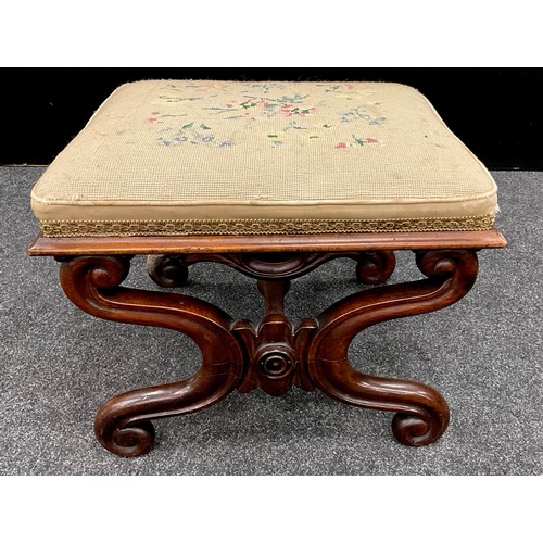 1794 - A William IV carved walnut X-frame stool, tapestry upholstered top, carved scrolling x-frame base, w... 