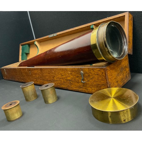 2075 - A large 19th century wood and brass telescope, 12cm diameter barrel, 77.5cm long with three intercha... 