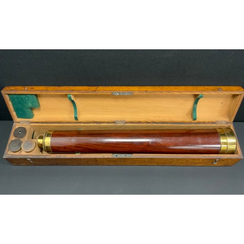 2075 - A large 19th century wood and brass telescope, 12cm diameter barrel, 77.5cm long with three intercha... 