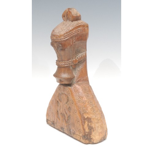 1887 - An Indian hardwood temple finial, carved as a shoulder length horse bust, the nose of exaggerated pr... 