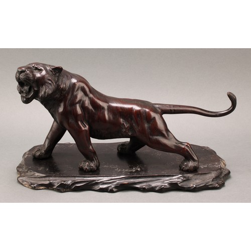 1401 - Japanese School (Meiji period), a pair of two-tone brown patinated bronzes, of tigers, prowling, sig... 