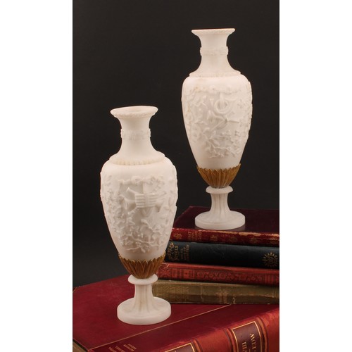 1847 - A pair of 19th century gilt metal mounted alabaster ovoid vases, carved in the Neo-Classical taste w... 