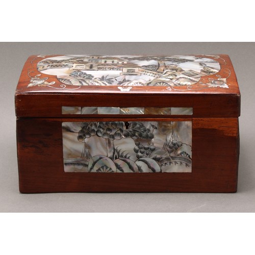 1397 - A Chinese hardwood and mother of pearl marquetry domed rectangular box, hinged cover profusely inlai... 